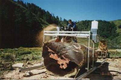 An older model of our new mill
This is an older model of our new Rimu portable twinsaw mill cutting a 2 meter diameter, 7 meter long, 17 ton redwood log.
Keywords: Rimu sawmill portable big log redwood